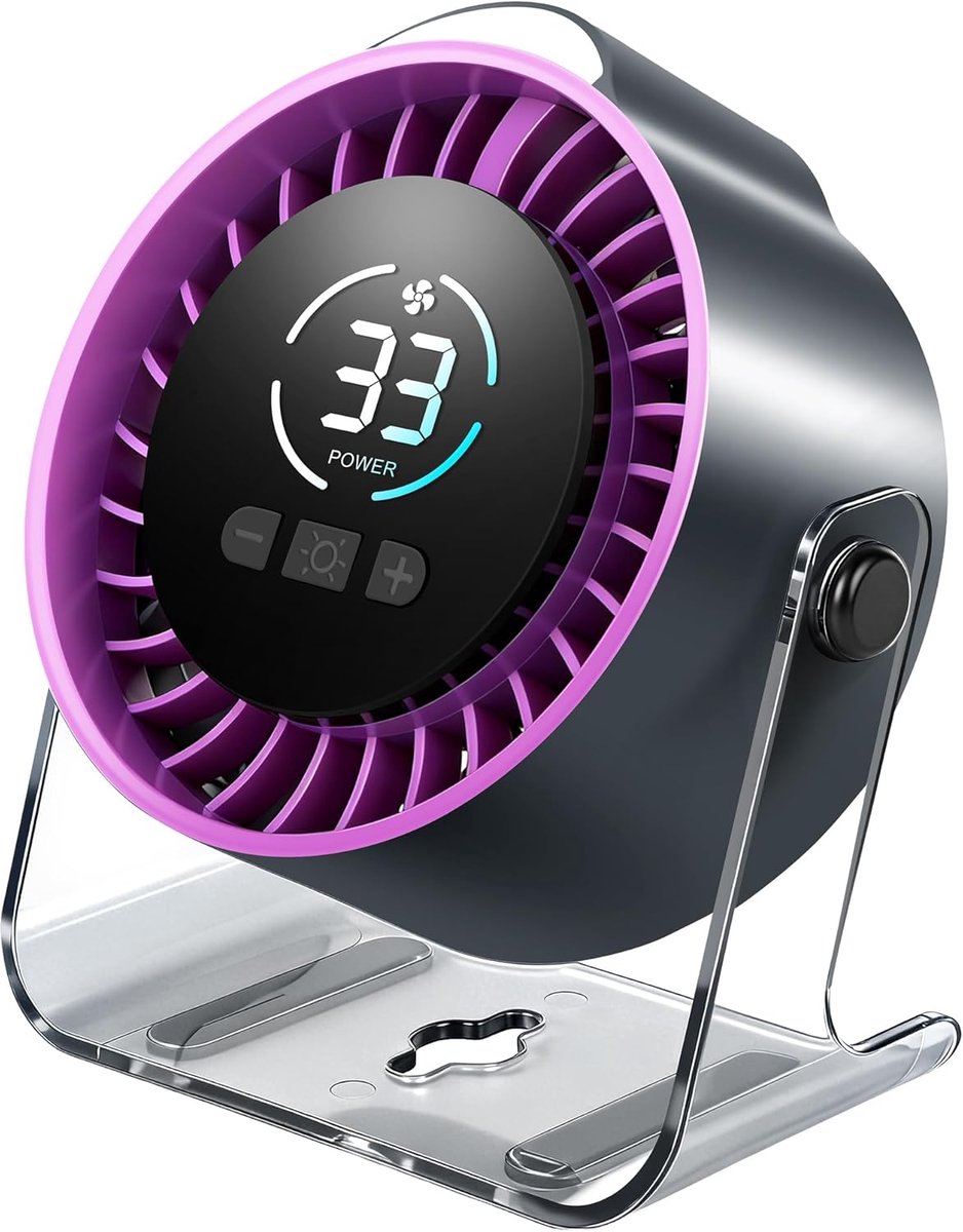 VHV - Bureauventilator oplaadbaar USB-C met LED display 100 standen nachtlamp en 360 graden verstelbare kop voor kantoor slaapkamer en dorm