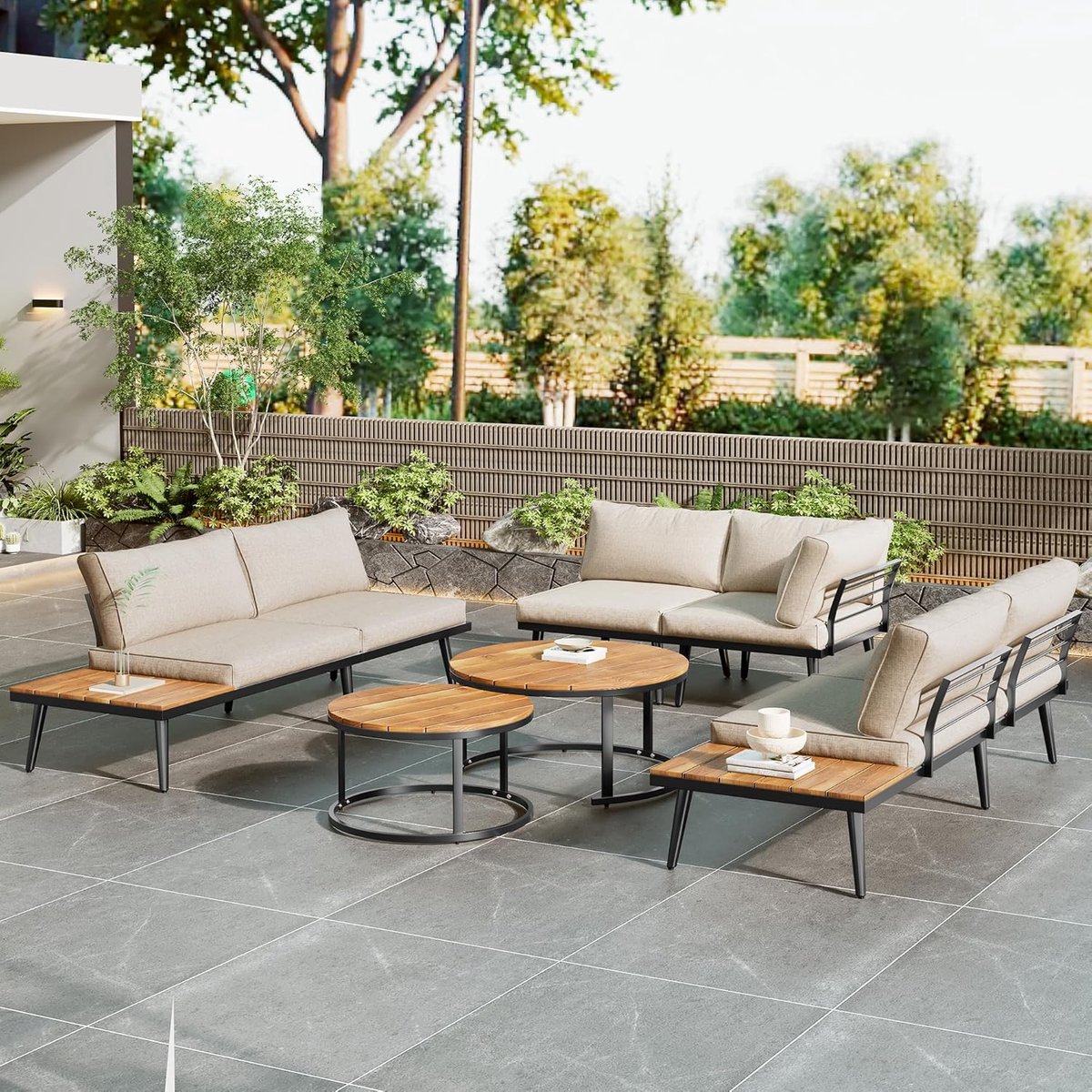Tuinloungeset 6-delig 160x64x75 cm voor 5-6 Personen – 2x 2-Zitsbank, 2x Fauteuil, 2x Salontafel met Acaciahout & Dikke Kussens – Modern Beige Loungeset Buiten Tuin Balkon – HomebyNicole