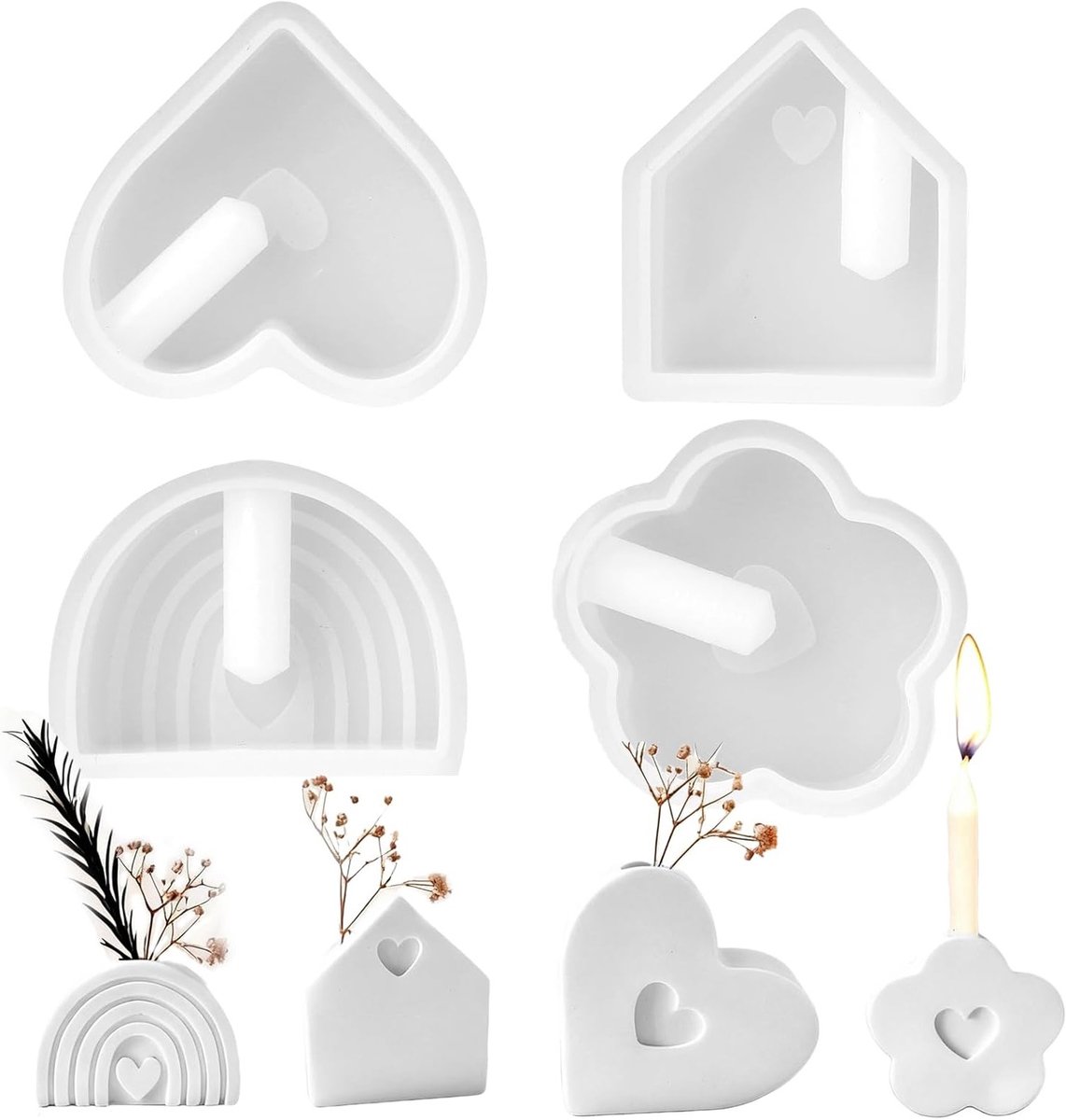 Set van 4 Siliconen Mallen voor Bloemen en Hartvormige Gips, Ideaal voor DIY Kaarsenhouders en Vazen met Gips, Hars en Was