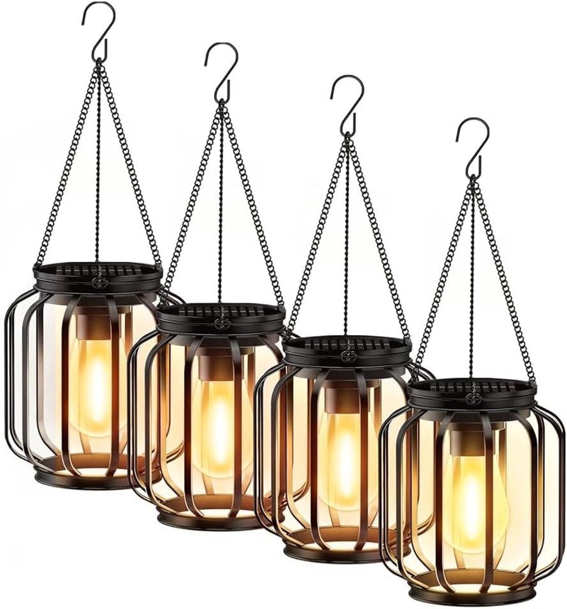 Tuinlampen Solar - Hangende Lantaarns - Buiten Sfeerverlichting - Met LED Lamp - Set van 4 - Zwart