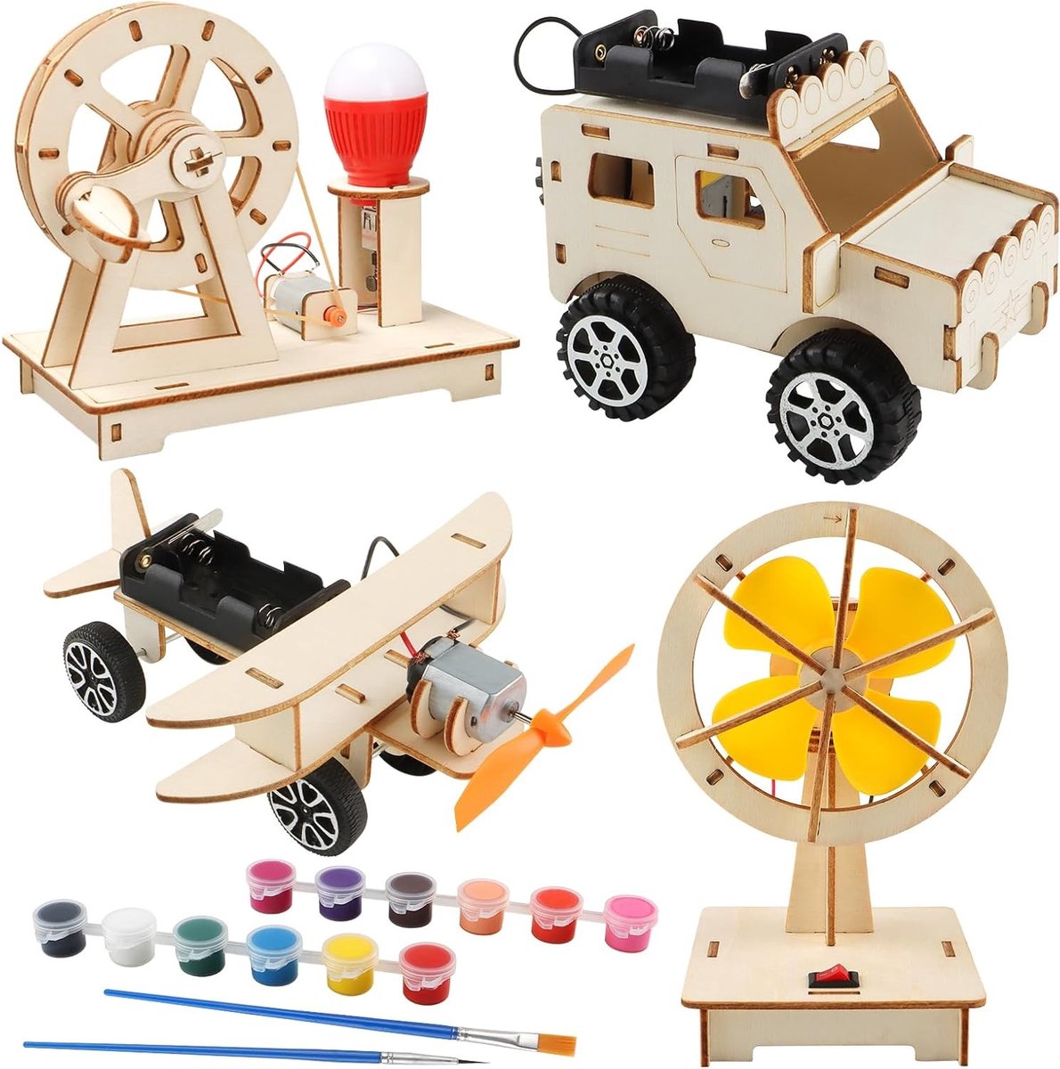 Experimenteerdoos voor kinderen van 8 tot 12 jaar met 4 wetenschappelijke projecten, DIY STEM speelgoed, houten bouwset en 3D puzzels