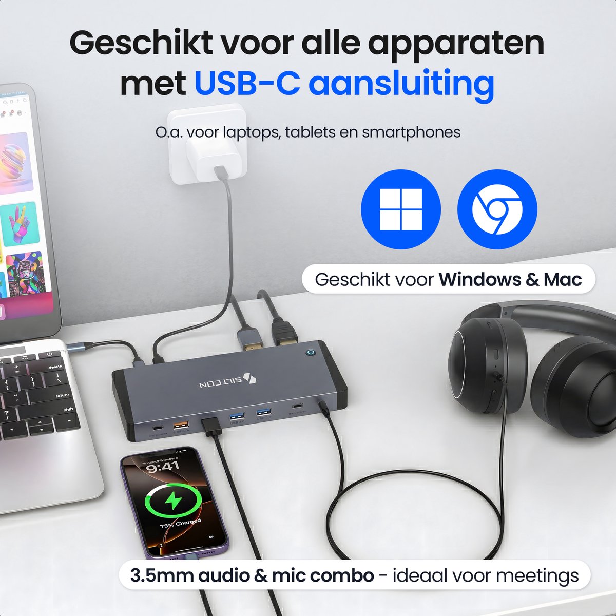 Siltcon® 14 in 1 - Docking Station Laptop – USB C Hub – USB C Dock - 2x Display Link (DP) 4K 60Hz – 1x HDMI 4K 60Hz – 100W Thunderbolt 4 – RJ45 gigabit – 4x USB-A 3.2 – 4x USB-C 3.2 - Plug & Play Geen Drivers – Universeel Voor Laptops – Spacegrey thumbnail 5