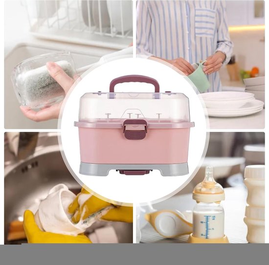 Babyfles Droogrek - Flessenhouder Organizer - Baby Spullen Opbergen - Stofdichte Opslag - 35x27x25 cm - Roze — afbeelding 4