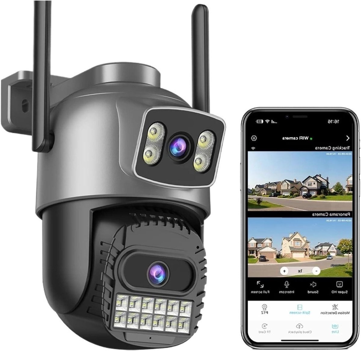 Beveiligingscamera Buiten - Wifi Camera - Huis Beveiligen - Dubbele Lens Vier Schermen - 10MP HD - Wit