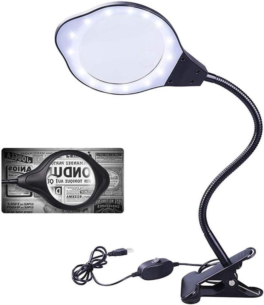 Vergrootglas met klem - Loep met licht - Lezen en hobby - Verstelbare zwanenhals - 110mm lens - Zwart