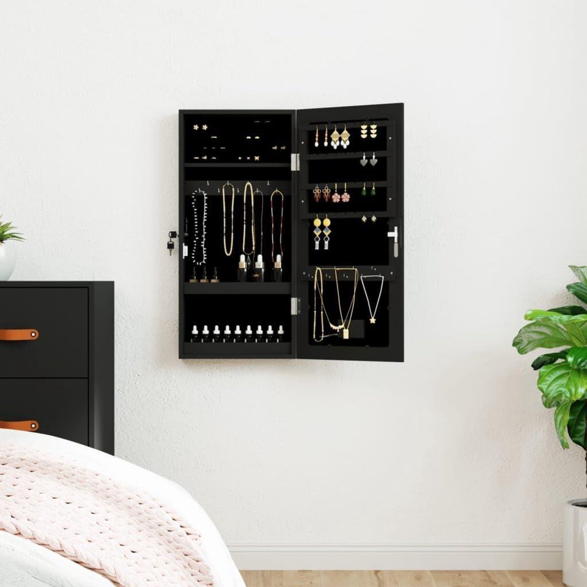 Sieradenkast met spiegel - Opberger met LED - Sieraden organiseren - Wandmontage mogelijk - 1 kg - Zwart