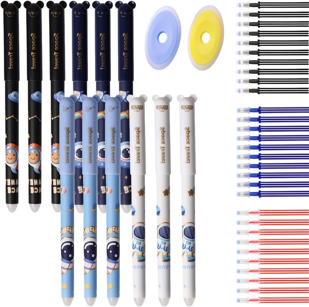 Set van 12 uitwisbare pennen met astronautenontwerp, 0.5mm gelinkt, inclusief 30 navullingen en 2 gummetjes voor school en kantoor