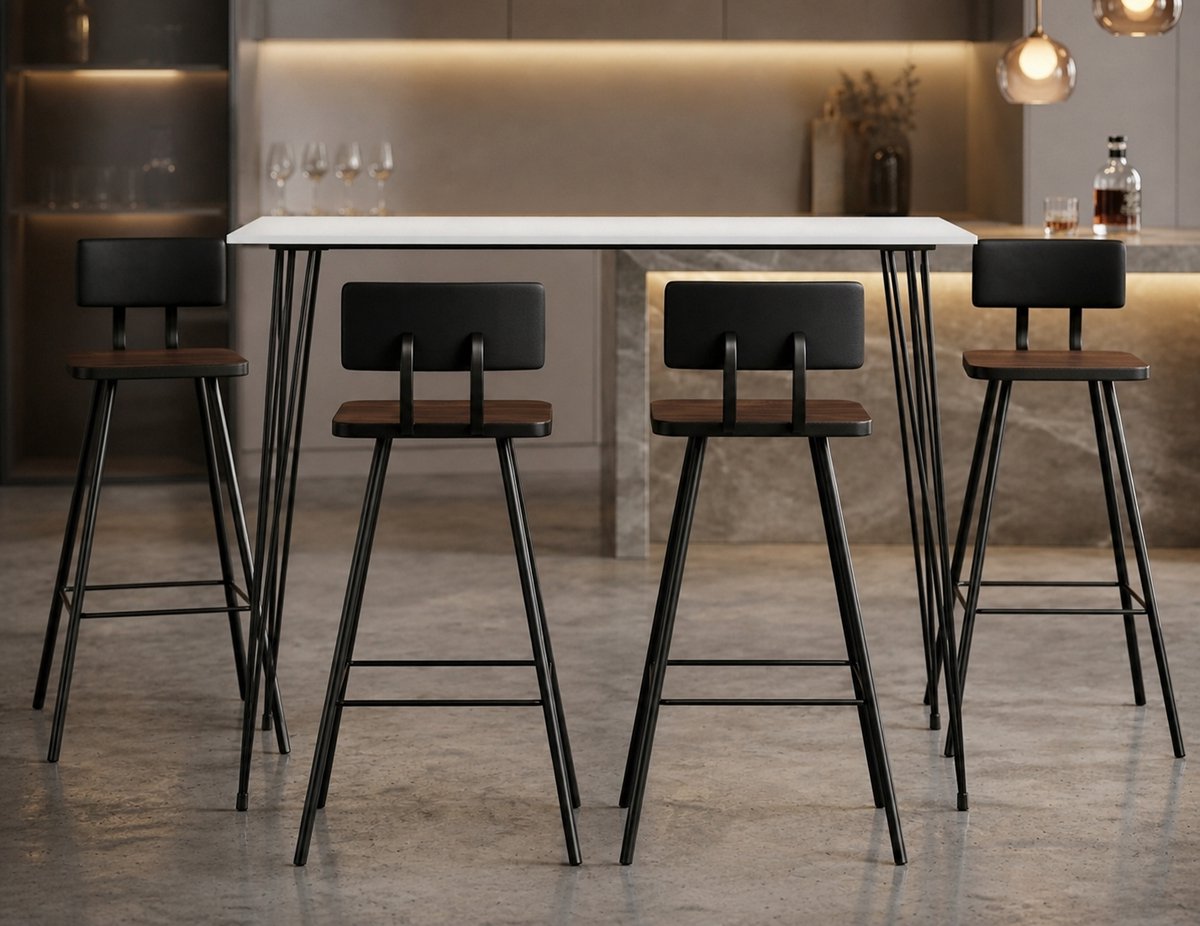 5-delige Witte Barset – Moderne Bartafel met 4 Barkrukken voor Keuken, Restaurant & Bar – Direct Gebruiksklaar, Stijlvolle Keuken- en Horeca Meubelset - Ganeey
