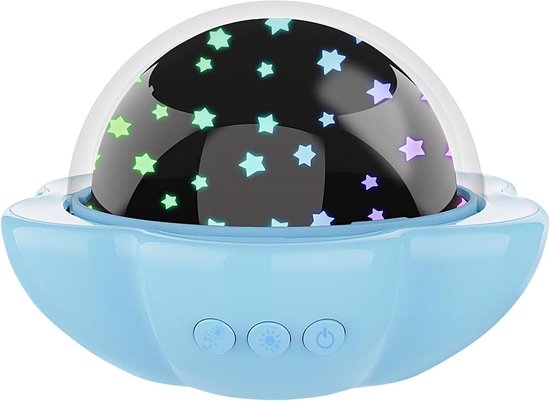 Blauwe sterrenprojectorlamp met een koepel die sterren in groen, blauw en paars projecteert. Drie knoppen aan de voorkant.