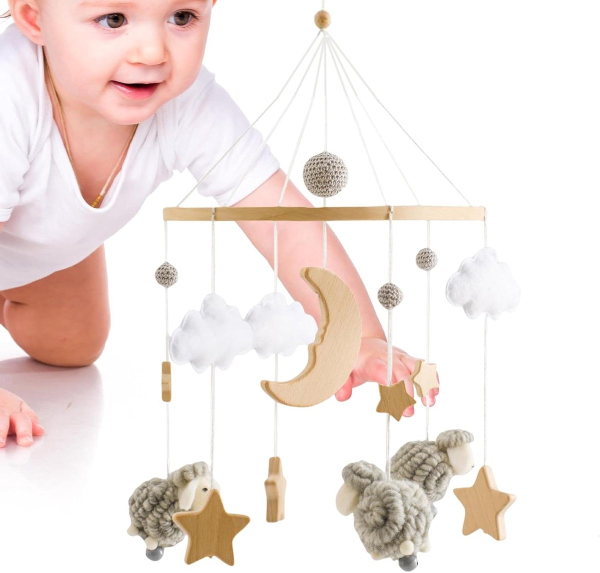 Babybedmobiel - Wiegdecoratie Muzikaal - Ontspannen Slaap - Houtafwerking Splintervrij - 43x225 cm - Grijs