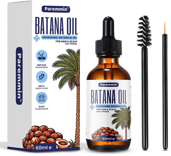 Flacon Paremmin Batana Oil 60ml avec boîte, brosse et applicateur. Pour les cheveux et le cuir chevelu.