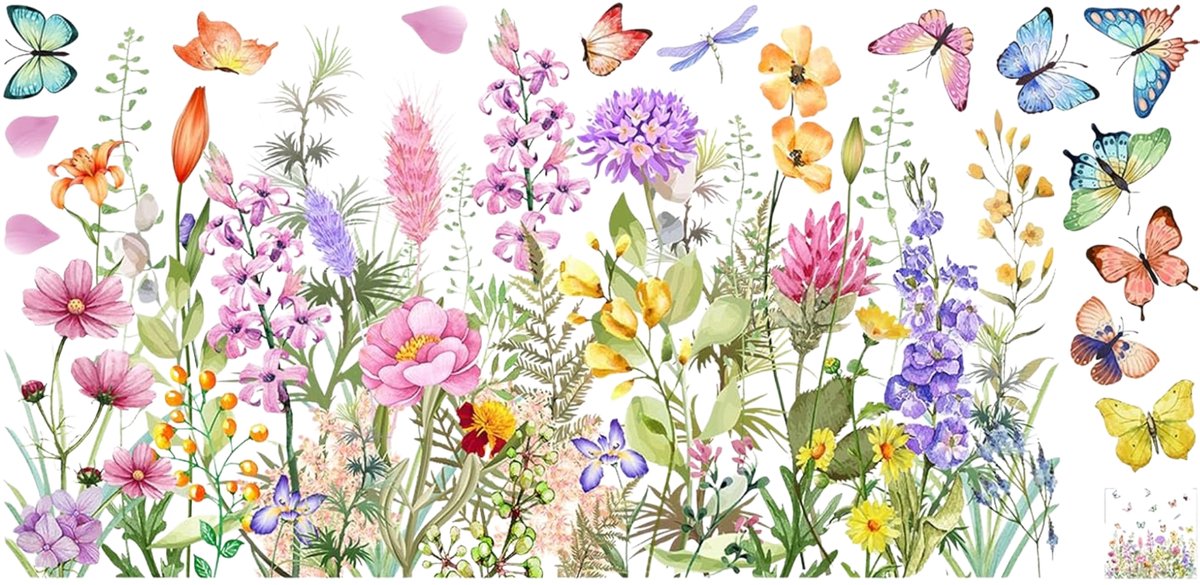 Vixson - Bloemen Raamstickers - 30x60 cm - Statisch Hechtend & Herbruikbaar - Dubbelzijdige Print - Kleurrijke Raamdecoratie Lente/Zomer - Bloemen en vlinders - FLORASTIK