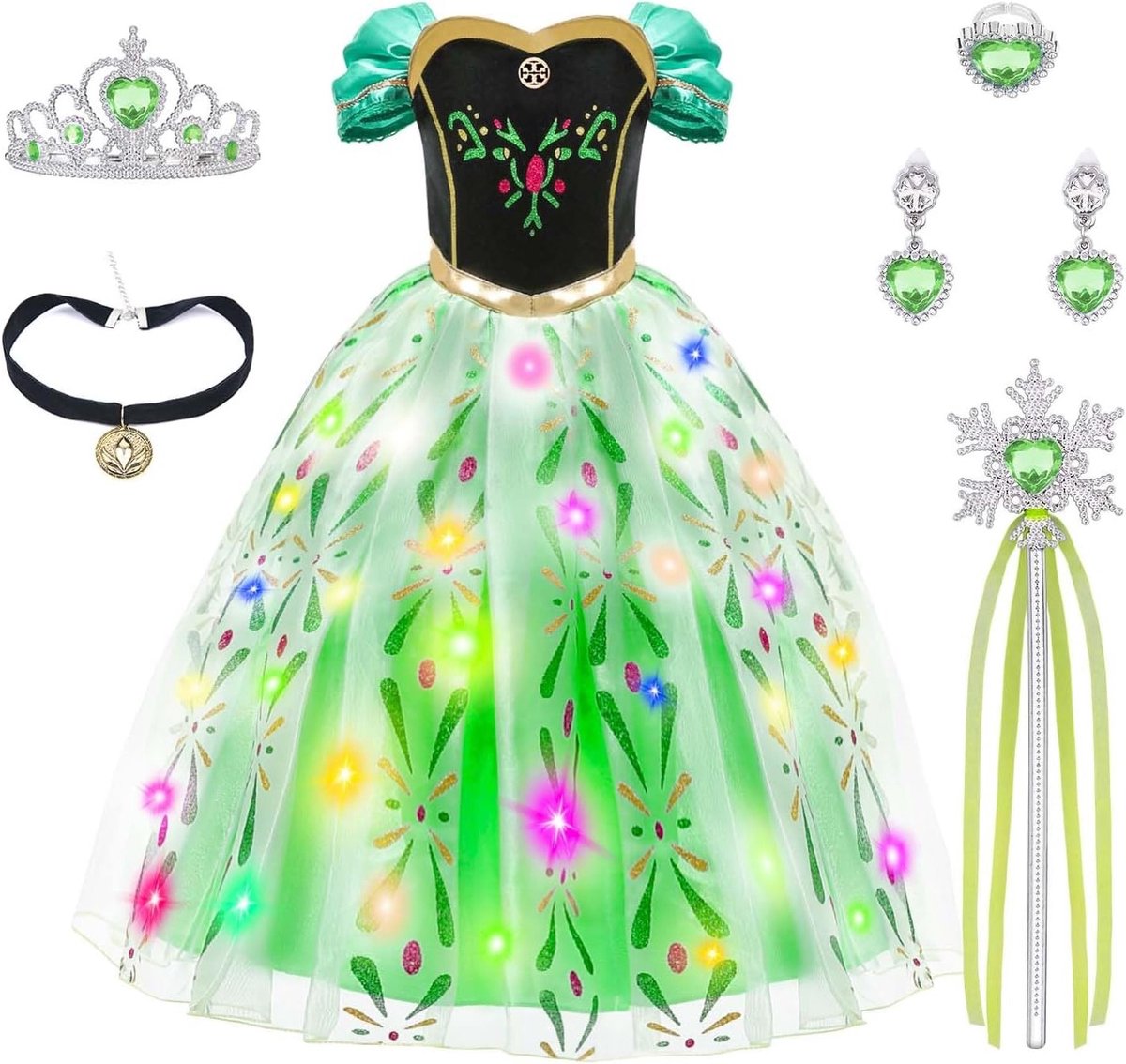 Prinsessen Kostuum voor Meisjes met Glanzende Jurk, Kroon, Toverstaf en Sieraden voor Carnaval, Feestjes en Halloween (140cm)