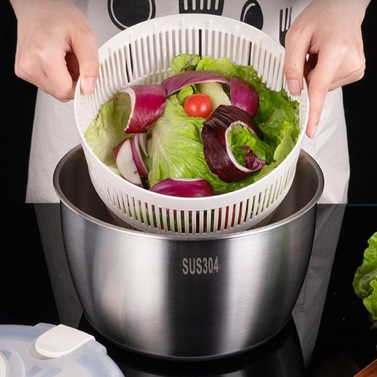 Saladecentrifuge Droger - Groente Droger - Salade Bereiden - Roestvrij Staal - 5 Liter - Zilver van Merkloos — afbeelding 5