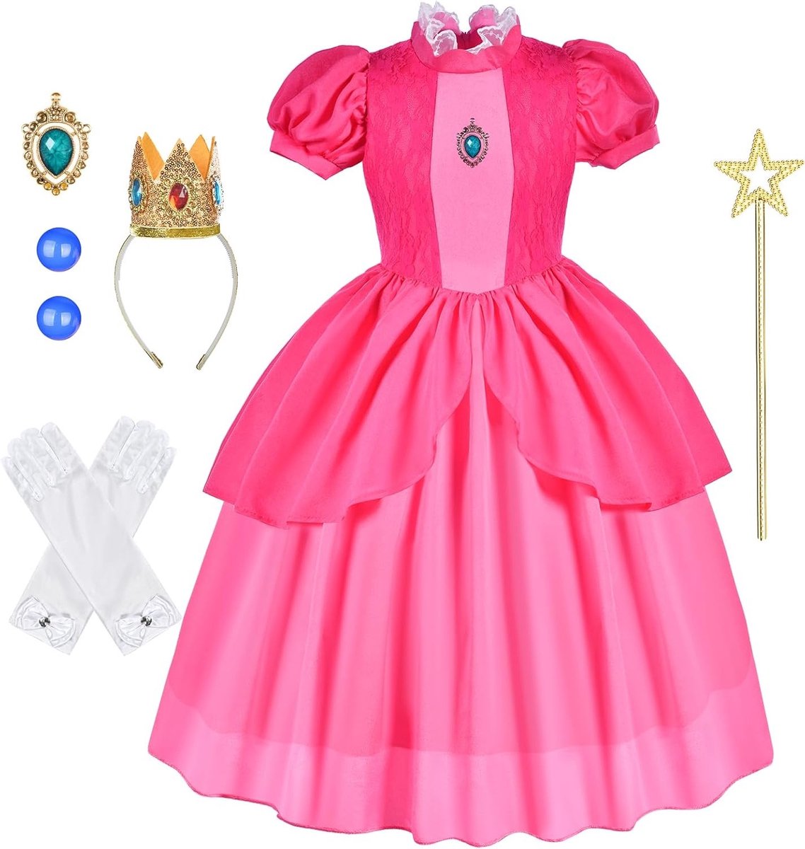 Schattig prinsessen kostuum voor meisjes, 6-delig met kroon, oorbellen, handschoenen en toverstaf, ideaal voor verkleedfeestjes en Halloween