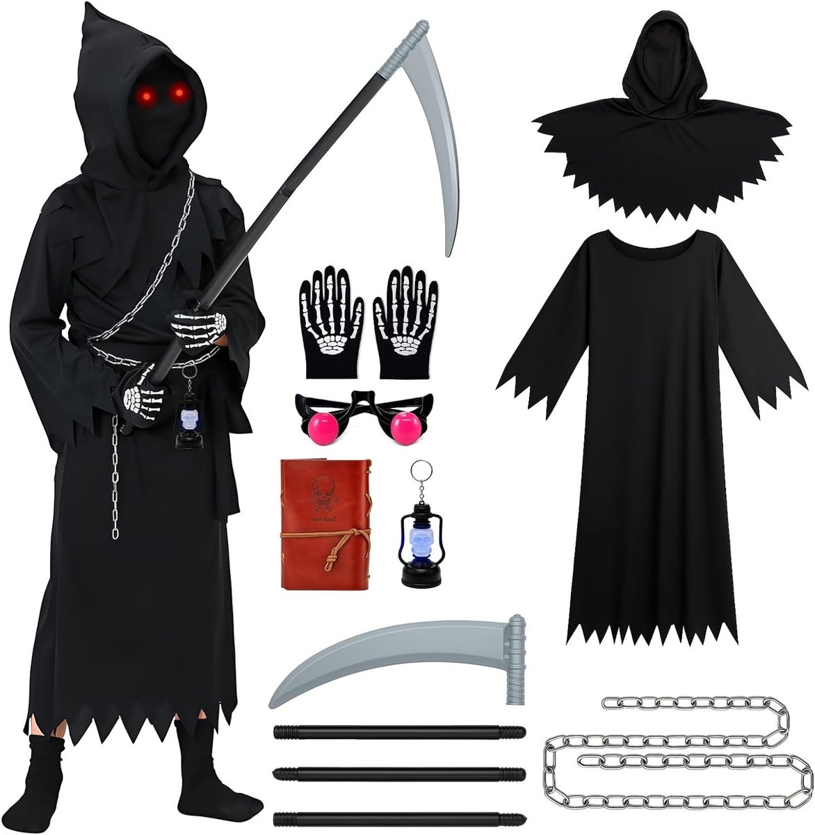 Sensenman Kostuum voor Kinderen met Zeis, Handschoenen, Notitieboek, Skulls en Lichten voor Halloween Cosplay voor Jongens