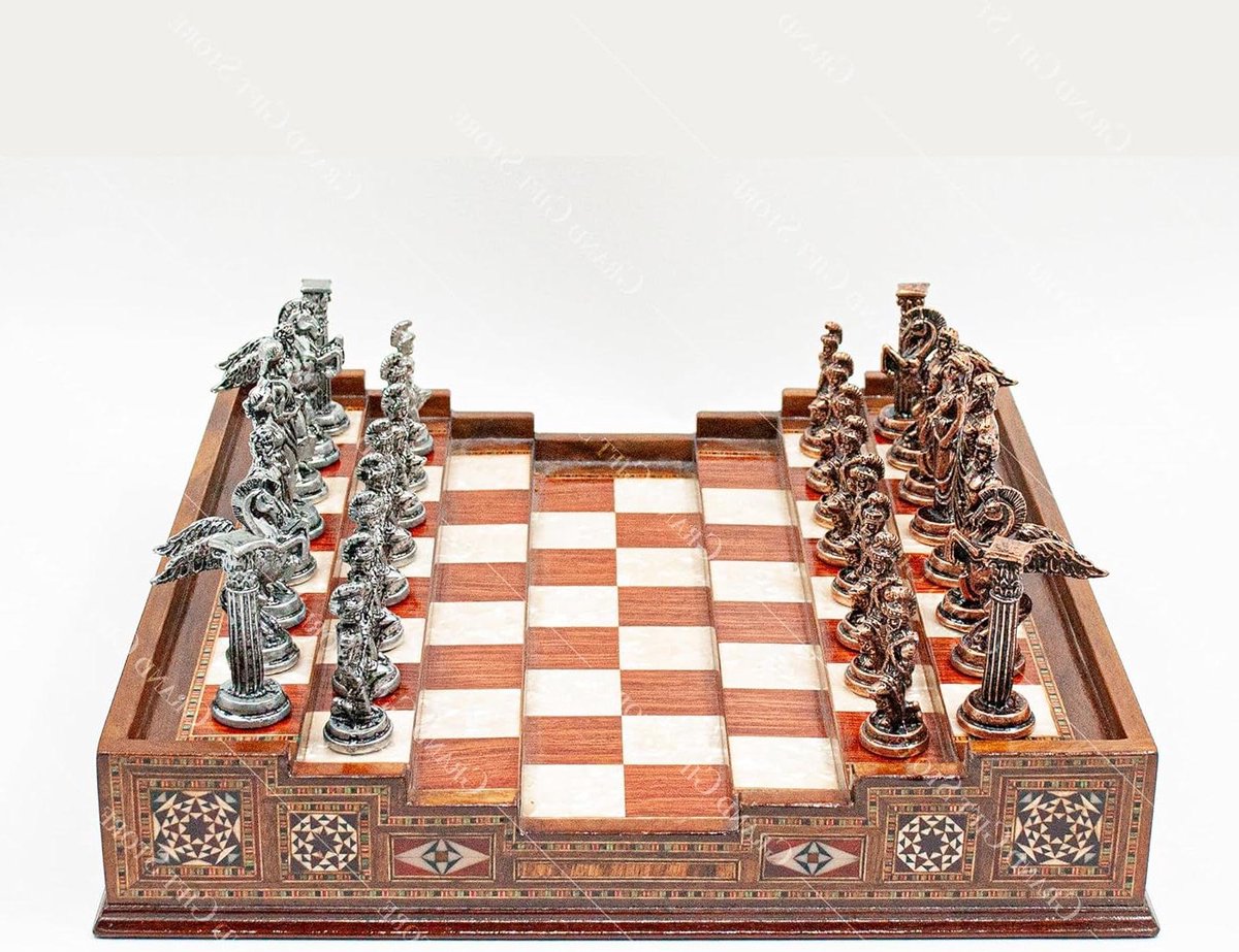Houten Schaakset - Metalen Stukken - Strategisch Spel - Handgemaakt Design - 35x35x7 cm - Bruin