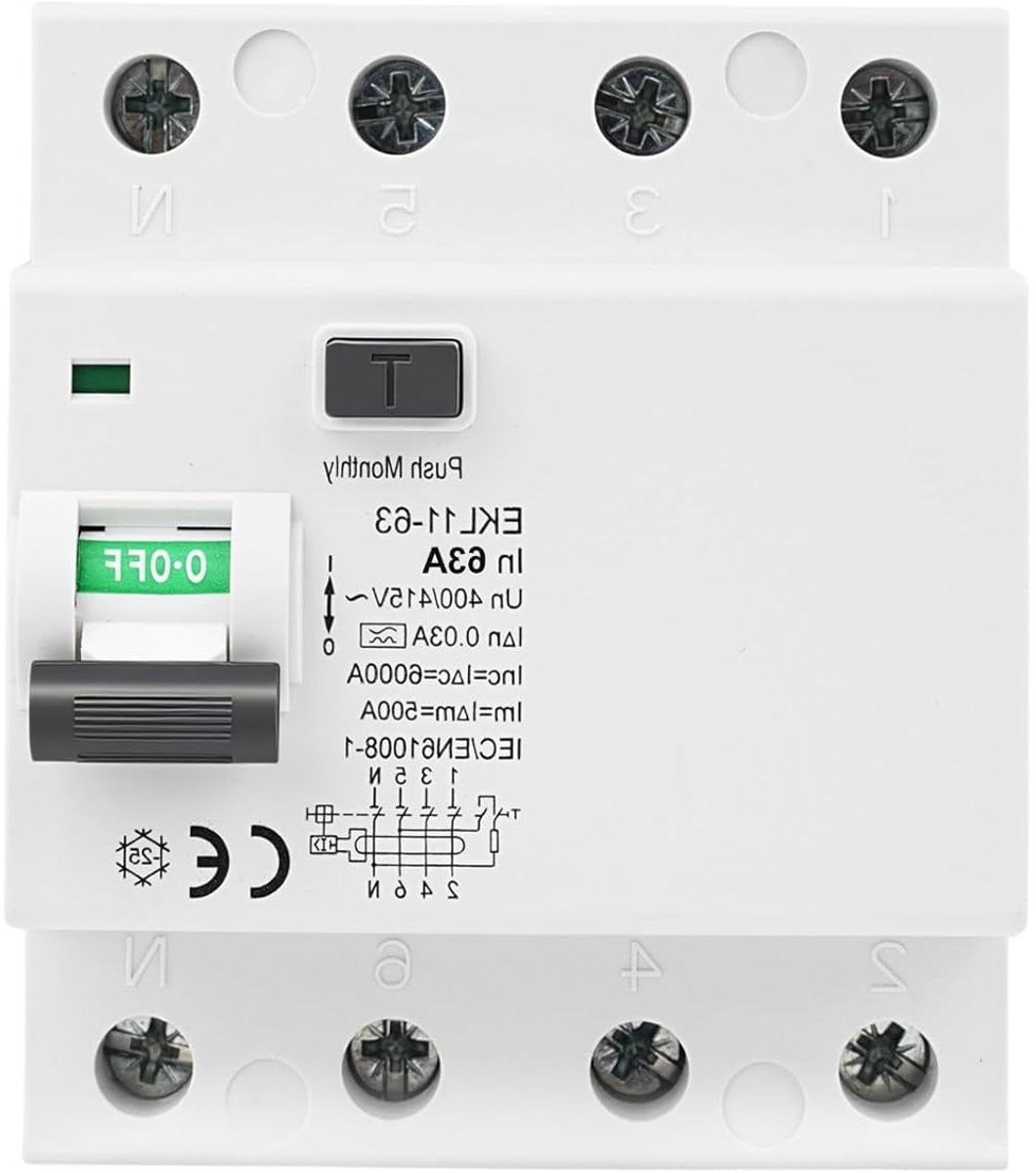 Aardlekschakelaar 4-polig - Stroomonderbreker - Stroombeveiliging - Type A detecteert AC/DC - 63A 30mA - Grijs
