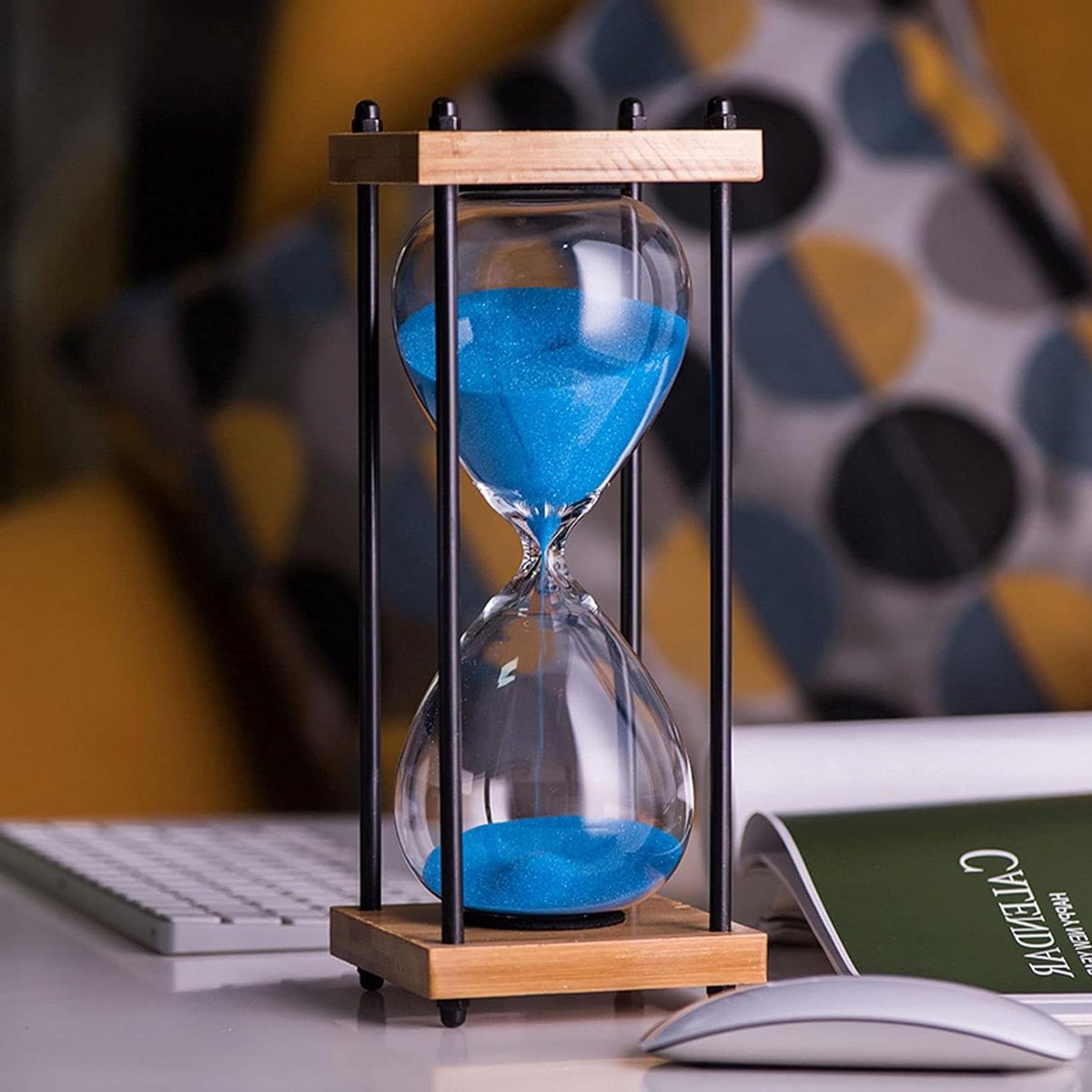 Zandloper Timer - Zandklok Decoratie - Koken en Spelletjes - Houten Frame - 25cm Hoog - Cyaan