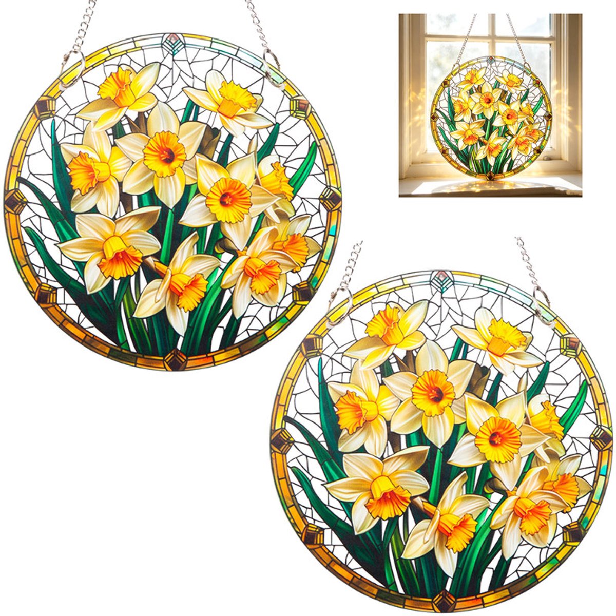 2 stuks – Zonnevangers – Zonnevangers voor de tuinpoort – Acryl raamdecoraties met narciss