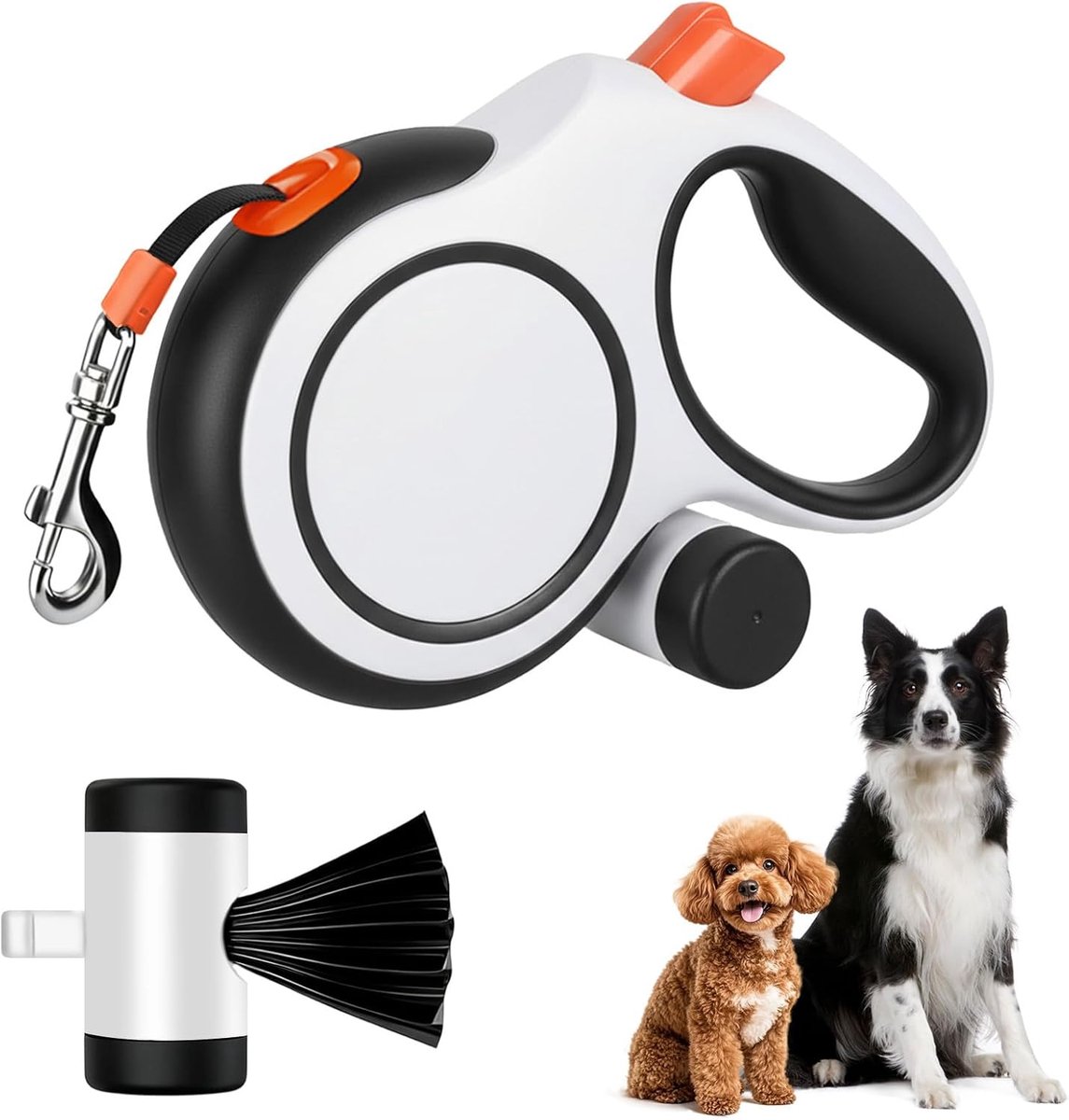 VHV - Hondenriem - Hondenriem 8 meter - 8m uitschuifbare hondenriem - Uitschuifbare riem voor middelgrote en grote honden (tot 50 kg) - Anti-bijt hondenriem met stop - Vergrendelingsknop en zakjesdispenser - Wit