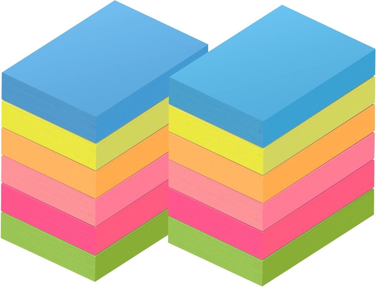 Sticky Notes 38 x 51mm, 6 Neon Kleuren, Zelfklevende Memo Notities, 100 Vel per Pad, Compacte Afmetingen, 12 Pads voor Organisatie en Notities