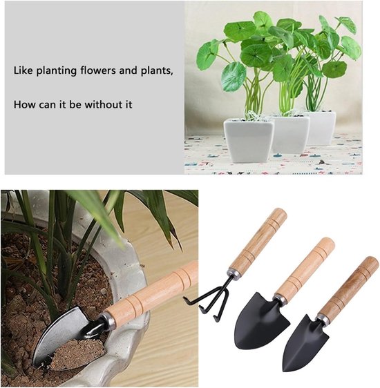 Mini Tuingereedschap Set - Schep Hark Spade - Kinderen Helpen Planten - Houten Handvatten - 3 Stuks - Zwart van MINI — afbeelding 4