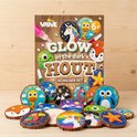 Glow in the dark houtschieters schilderset met afgebeelde dieren: vos, giraf, pinguïn, toekan, flamingo, ster, eenhoorn, monster en landschap.