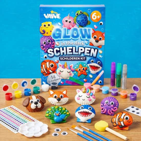 Vaive Schelpen Schilderen 75-delig – Glow in the Dark Happy Stones Knutsel Pakket – Knutselen - Knutselset voor Meisjes & Jongens - Knutselpakketten