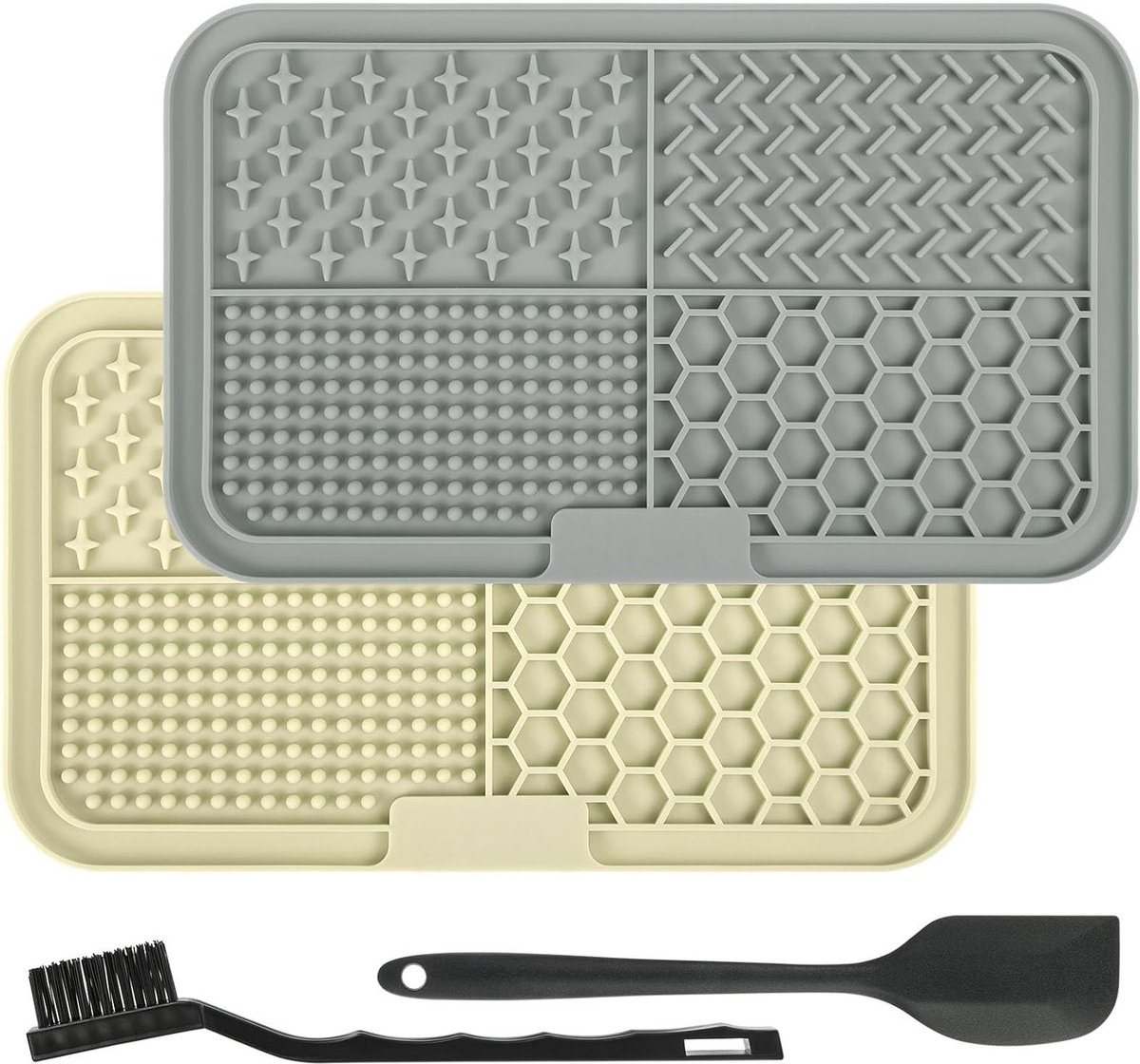 Slow Feeding Mat voor Honden en Katten, 2-Pack Vierkante Lick Mat met Zuignappen, Ideaal voor Stressverlichting en Vermaak met Honden- en Kattenvoer (Beige + Grijs)