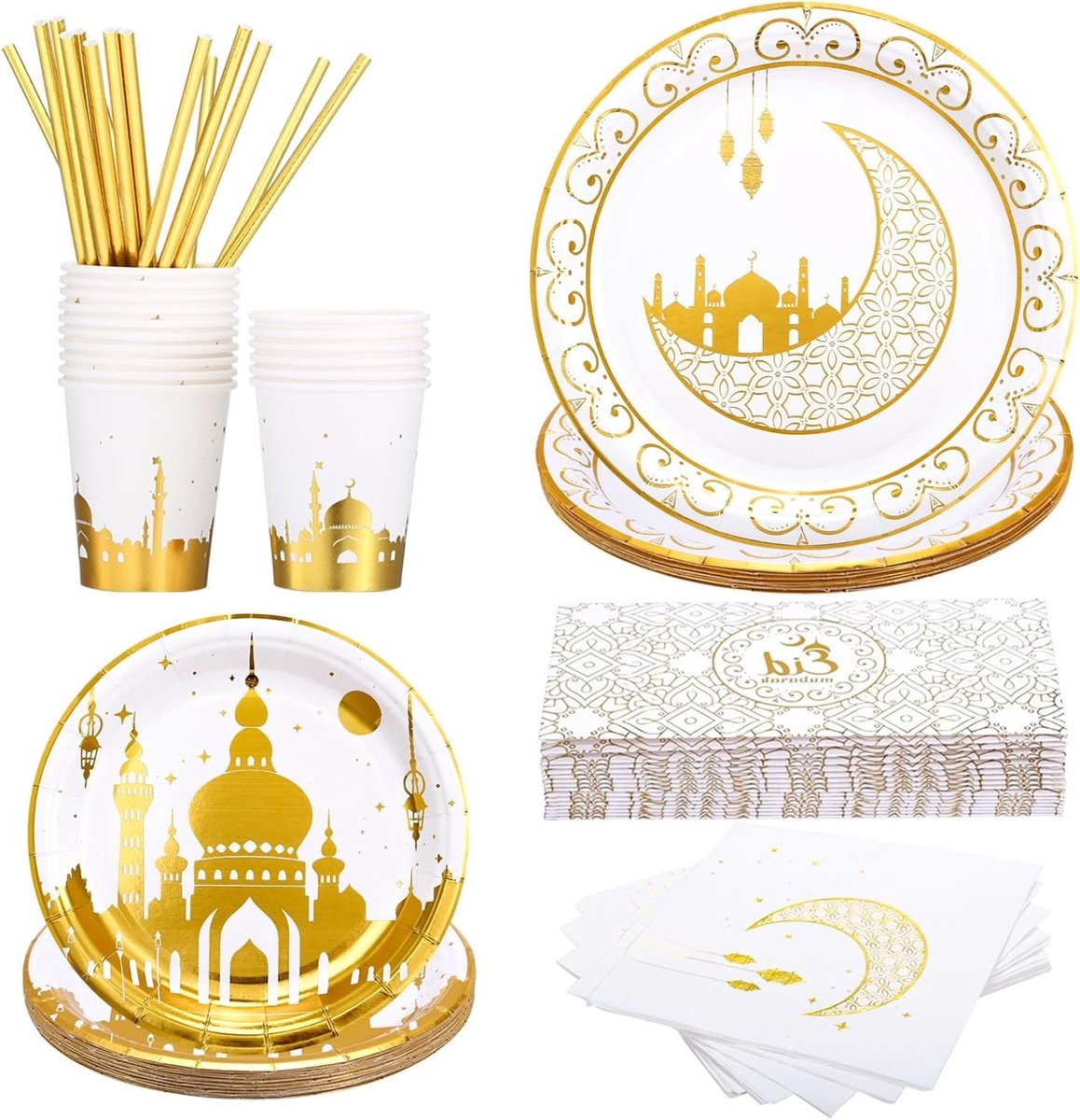 Ramadan Eid Mubarak Feestservies Set - 80 Delige Tafeldecoratie voor Feestdagen, Inclusief Borden, Bestek en Glazen