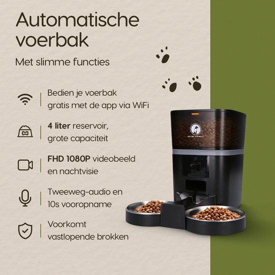 Automatische Voerbak dubbel Standaard 4L – Kat en Hond – Voerautomaat met Camera – Full HD 1080P Night Vision – Two-Way Audio – 4L Voerdispenser – Hondenvoerbak – App-bediening – Voerschema Instellen – Prime AnimalZ – Zwart