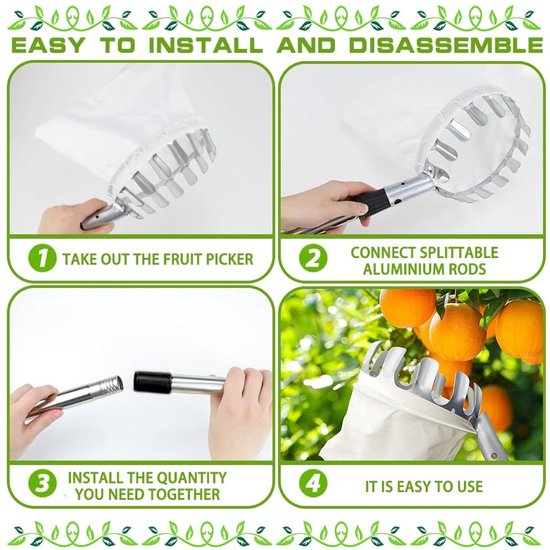 Allecto - Fruitplukker - Appelplukker - Eenvoudig te monteren - 4 m steel - Kersenplukker - Geschikt voor verschillende fruitsoorten - Inclusief ka... van Allecto — afbeelding 2