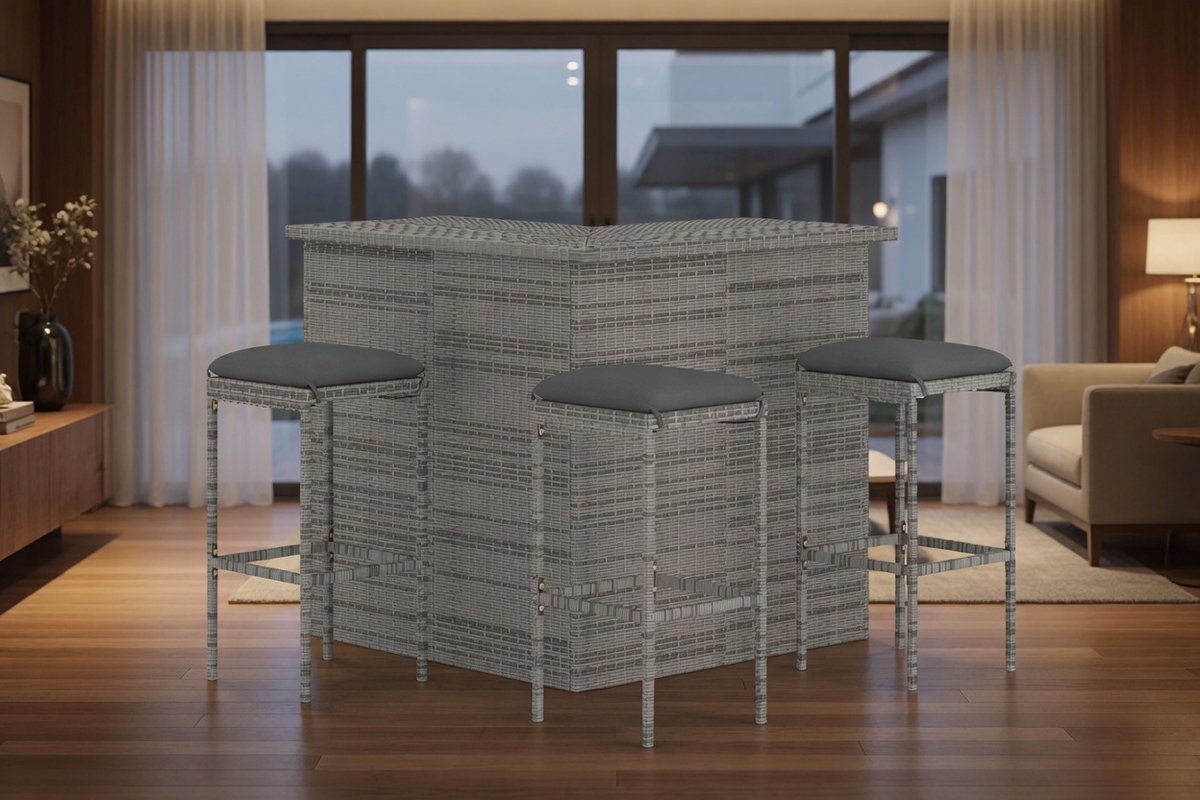 4-Delige Luxe Tuinbarset Grijs Polyrotan met Kussens - Bartafel + 3 Barkrukken - Weerbestendig & Waterdicht - Voor Tuin, Terras & Balkon - Ganeey