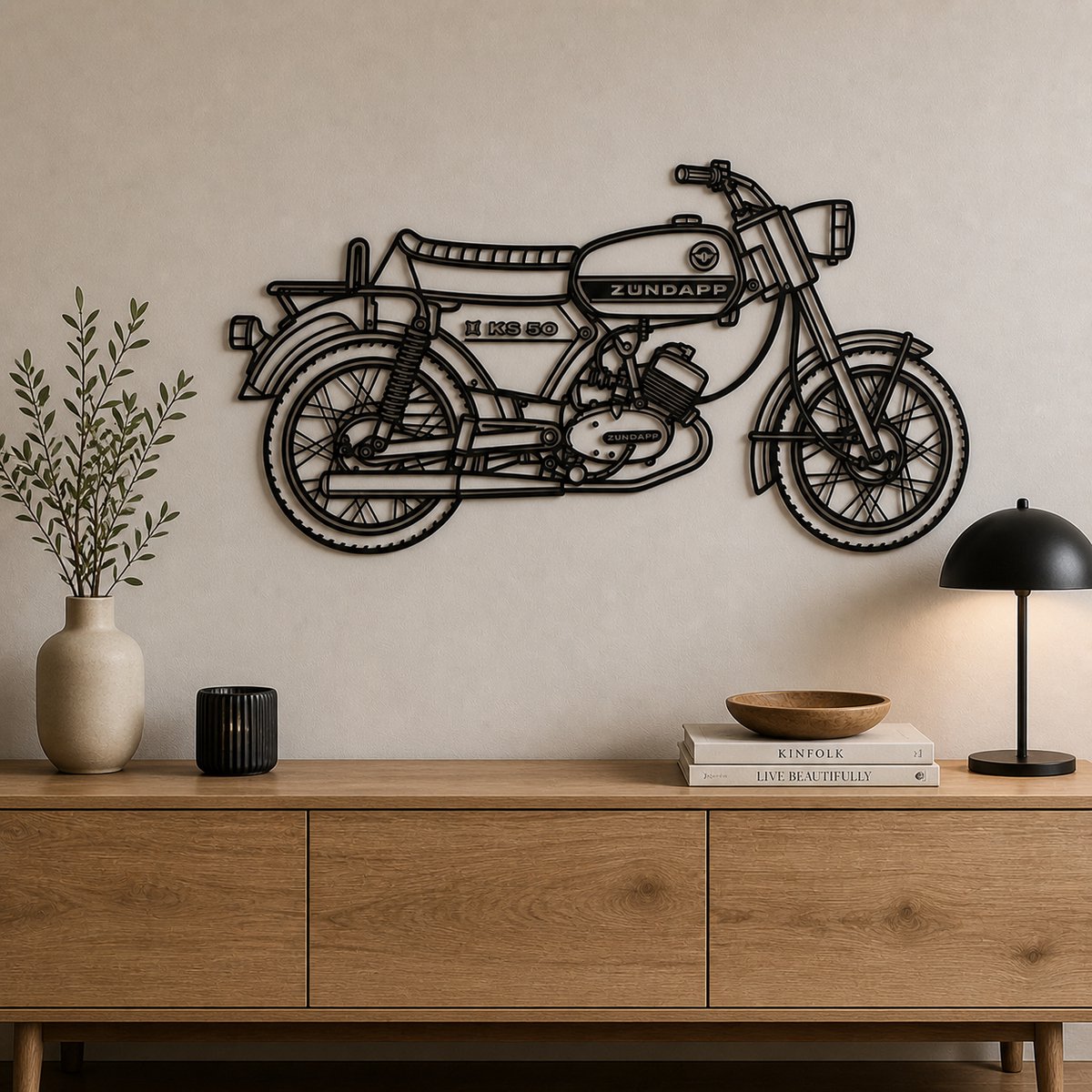 Zündapp KS 50 Wanddecoratie Hout 55 cm – Lasergesneden Motor Wandkunst – Vintage Motorfiets Decoratie – Retro Motor Art – Mancave Garage Woonkamer – Cadeau voor Motorliefhebbers – Klassieke Motor Decoratie