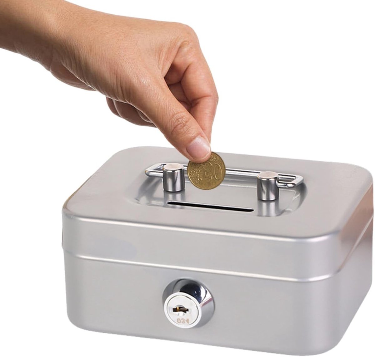Kleine metalen geldcassette met slot, afsluitbare spaarbox voor veilig geldbeheer, 11.5 cm breed, ideaal voor thuis en op kantoor