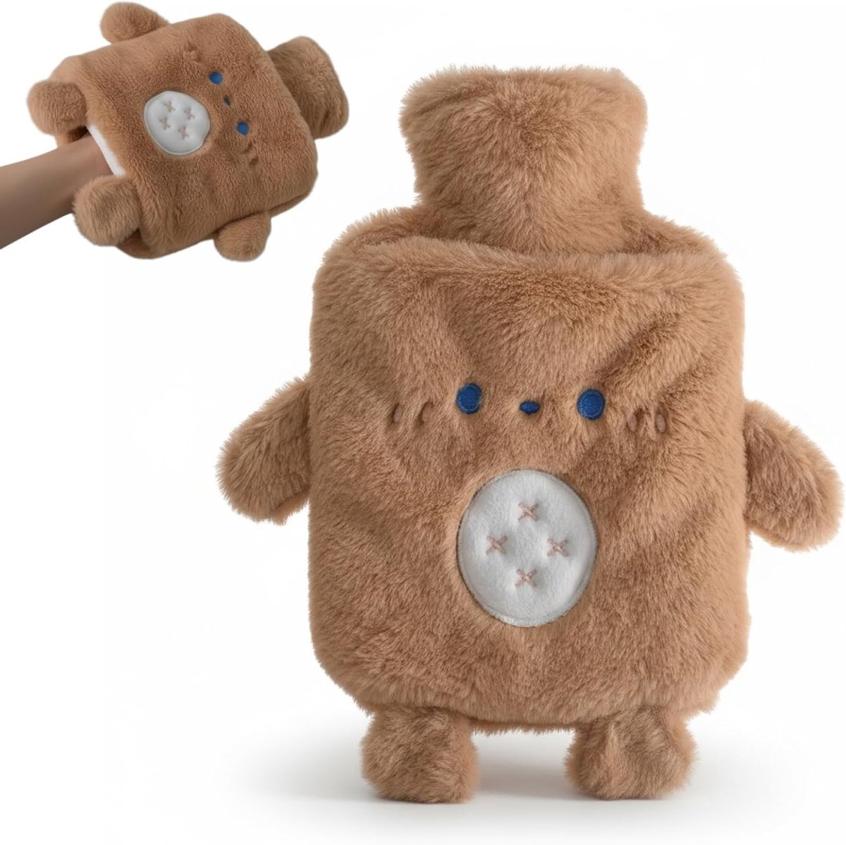 Warmwaterkruik met overtrek - 1 l - warmwaterkruik voor kinderen - groot met knuffelzachte overtrek - cadeau met kangoeroezak - schattige warmwaterkruik voor pijnverlichting en comfort