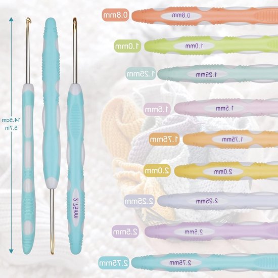Ergonomische Haaknaalden Set van 9 Stuks, Ideaal voor Haken, Breien en Laces, Maten 0.8-2.75mm met Comfortabele Grip voor Gewrichtsproblemen van Merkloos — afbeelding 5