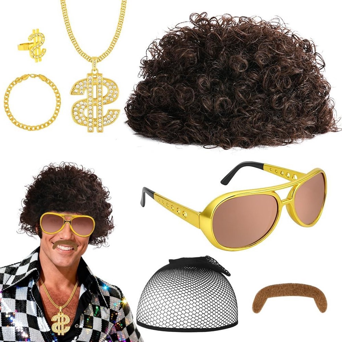 Disco Afro Perücke voor Mannen met 80 Gouden Kettingen, Zonnebrillen en Vintage Accessoires voor Halloween en Cosplay