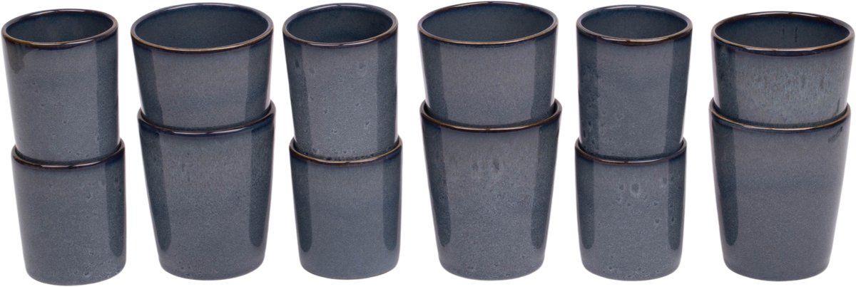 Koffiekopjes set van 12 - 150 ml en 250 ml - 6 persoons - Amadora - blauw met aqua look - Portugees stoneware