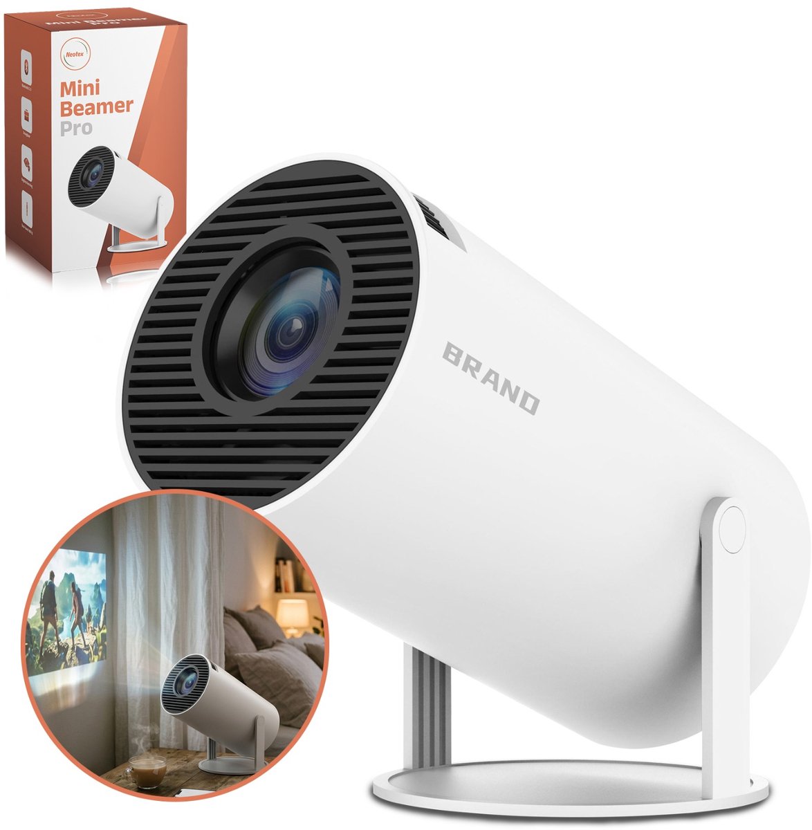 Neotex® Mini Beamer met Android 11 – 4K Ondersteuning – Draagbare HD Projector met WiFi 6 – 130 Inch Projectie – Ingebouwde Speakers – Mini Projector voor Thuisbioscoop, Films & Gaming – Wit