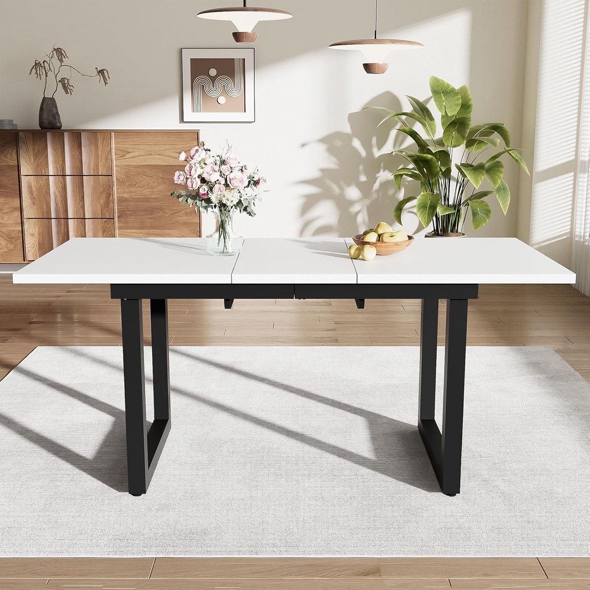 Dining Table Kitchen Table Extendible 140/180 x 80 cm, Industrial Style Dining Room Table Kitchen Dining Table Kitchen, Coffee Leisure Table, Modern Simple Dining Table Made of Iron, White + Black