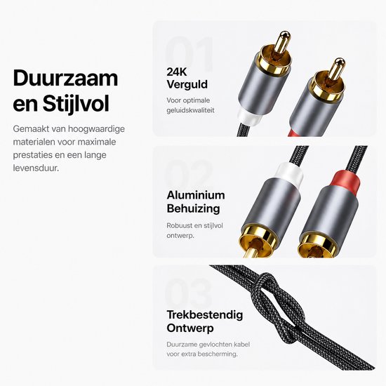Connecteurs RCA plaqués or 24K avec boîtier en aluminium et un câble tressé résistant à la traction.