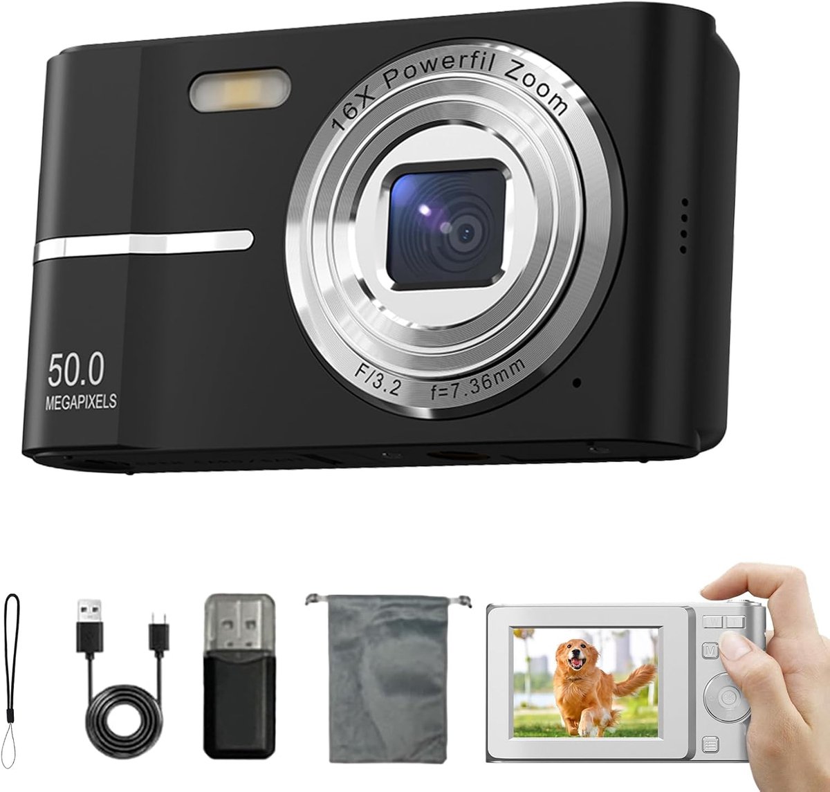 Camera - Digitale Camera - Vintage Aesthetic Fototoestel - 50MP FHD 1080P Compactcamera - 16X Zoom & Autofocus - Inclusief Beeldstabilisatie - Perfect voor Beginners & Tieners - zwart