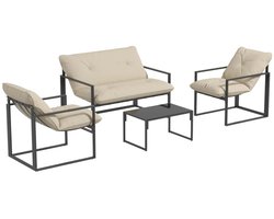 Tuinset – Loungeset met 2-Zitsbank, 2 Fauteuils, Glazen Salontafel & Kussens – Tuinmeubelset voor 4 Personen – Tuinbank – Zitset – Tuinsalon voor 4 Personen – Zitgroep – Weerbestendig – voor Terras, Balkon, Tuin – Grijs + Beige