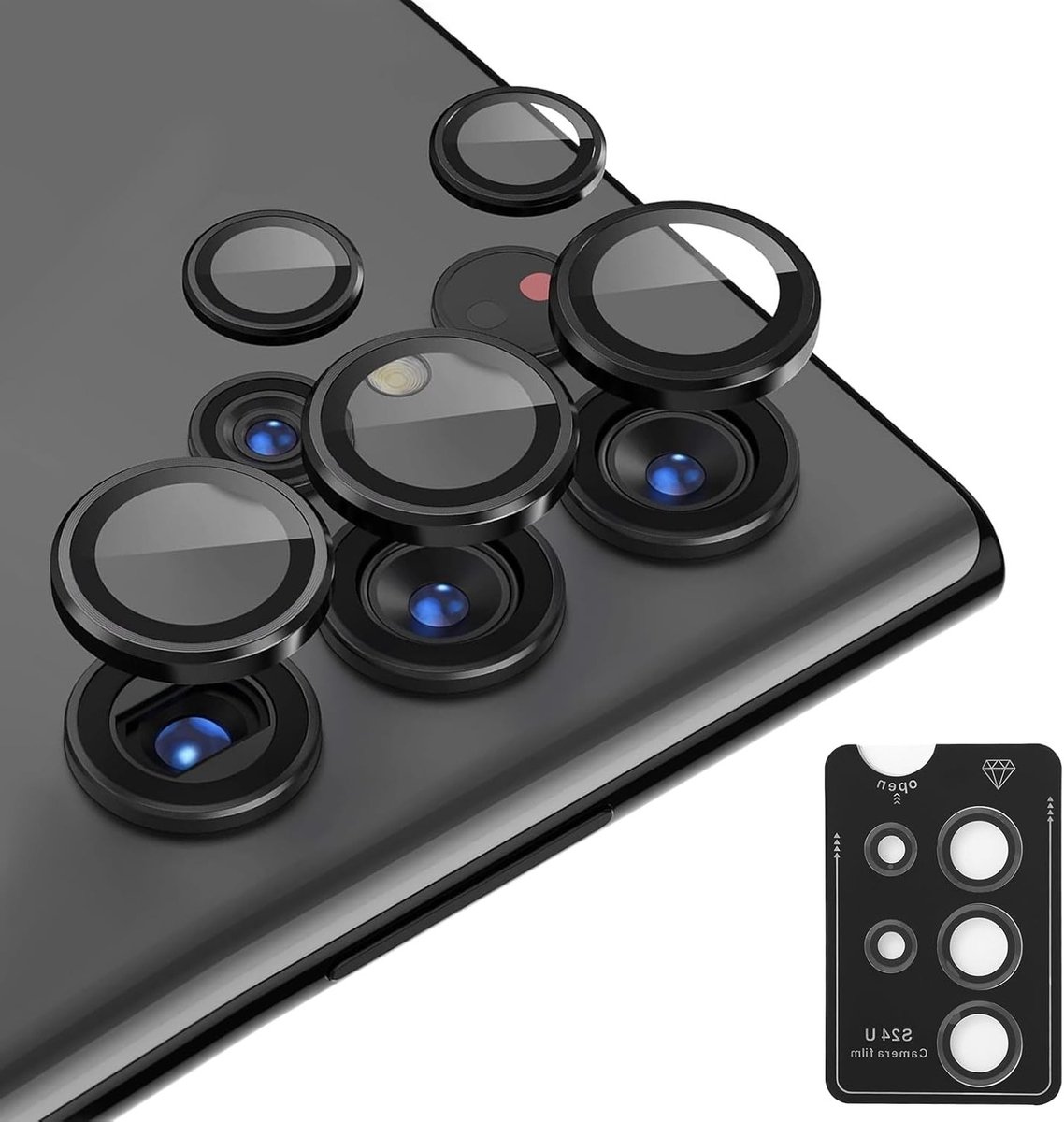Hoge kwaliteit camera lens beschermfilm voor Samsung Galaxy S24 Ultra - Krasbestendig gehard glas met aluminium ring - Eenvoudige installatie, 1 set (Zwart)