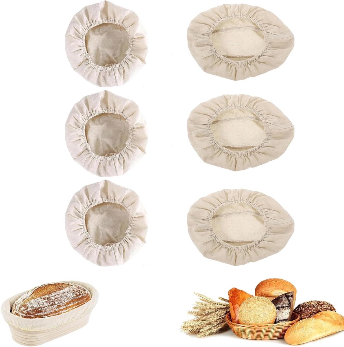 6-delige Set Rijsmanden met Linnen Doek voor Broodbakken
