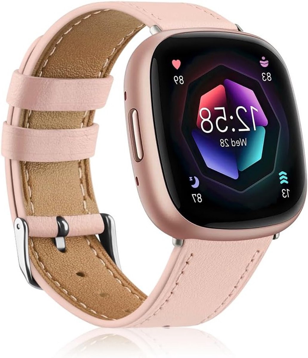 Leren Armband Geschikt voor Fitbit Versa 3/Versa 4/Sense 2 met RVS Sluiting - Sportieve Vervangband voor Dames en Heren in Zwart