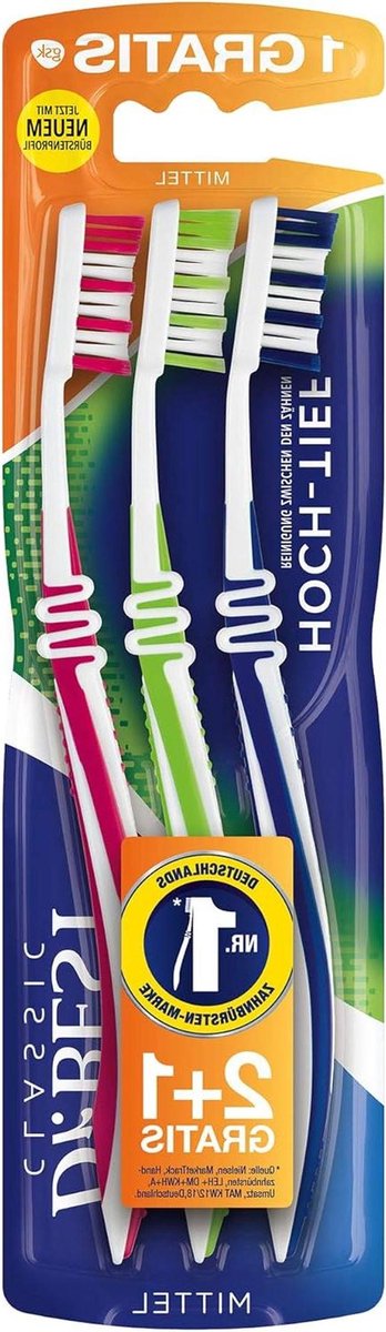 Tandenborstel - Mondverzorging - Grondige reiniging - Gebogen profiel - 2 + 1 gratis - Medium