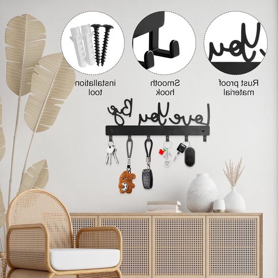 Muurbeugel Sleutelhaken met 6 Haken - Sleutelorganizer voor Entree, Kantoor en Woonkamer, Inclusief Schroeven en Plastic Ankers (Zwart) van Merkloos — afbeelding 3